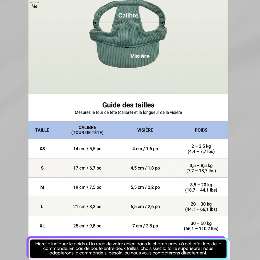 Casquette de soleil en velours côtelé pour chien