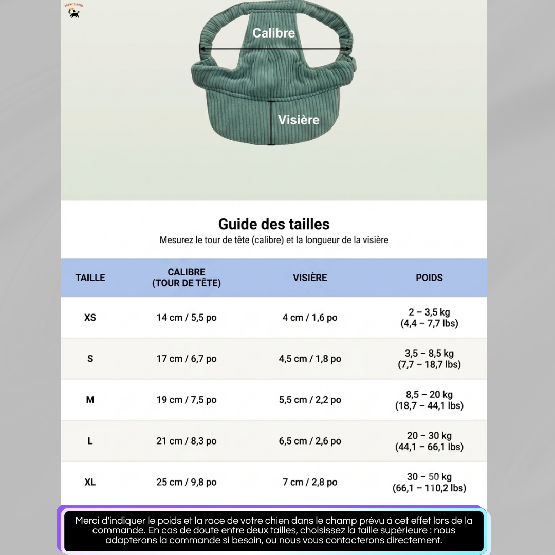 Casquette de soleil en velours côtelé pour chien